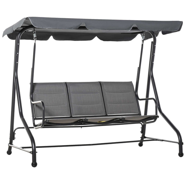 3-seat garden swing with adjustable canopy, gray steel