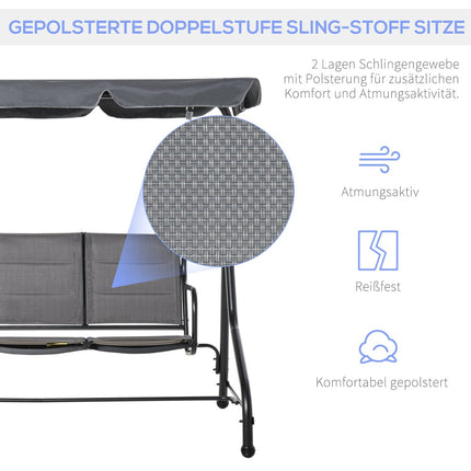 3-seat garden swing with adjustable canopy, gray steel