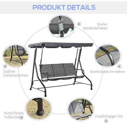 3-seat garden swing with adjustable canopy, gray steel