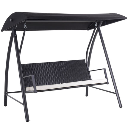 3-seat garden swing with roof, poly rattan, black