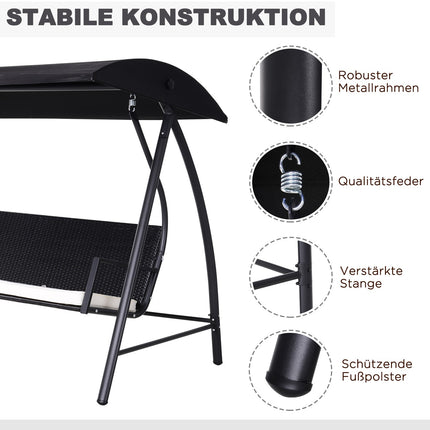 3-seat garden swing with roof, poly rattan, black