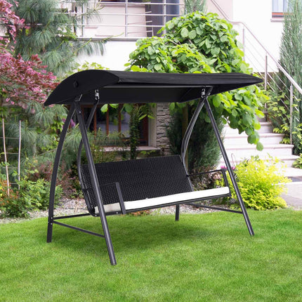 3-seat garden swing with roof, poly rattan, black