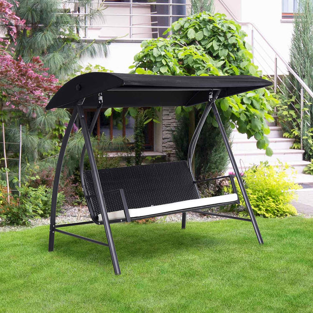 3-seat garden swing with roof, poly rattan, black