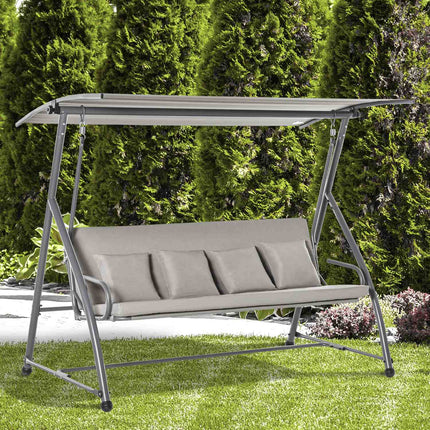 3-seat brown swivel bench with adjustable canopy and recliner