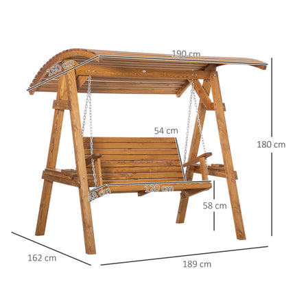 Swing bench in pine for two people with adjustable roof