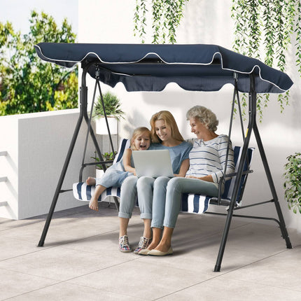 3-seat garden swing with canopy - blue and white steel