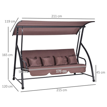 3-seater garden swing bench with adjustable roof, brown