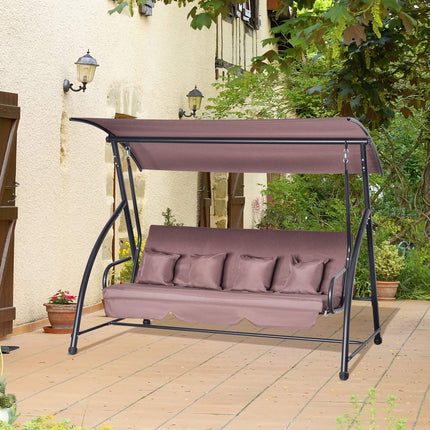 3-seater garden swing bench with adjustable roof, brown