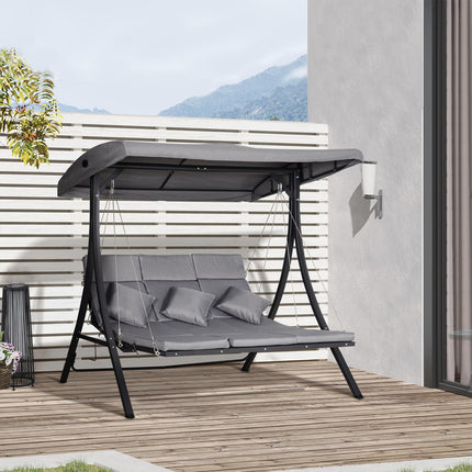 3-seat gray garden swing with adjustable canopy