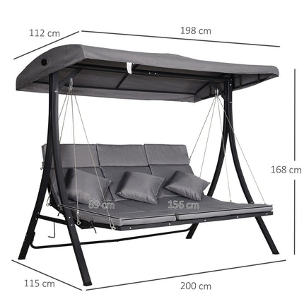 3-seat gray garden swing with adjustable canopy