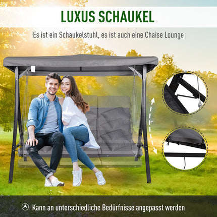3-seat gray garden swing with adjustable canopy