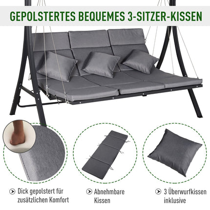 3-seat gray garden swing with adjustable canopy