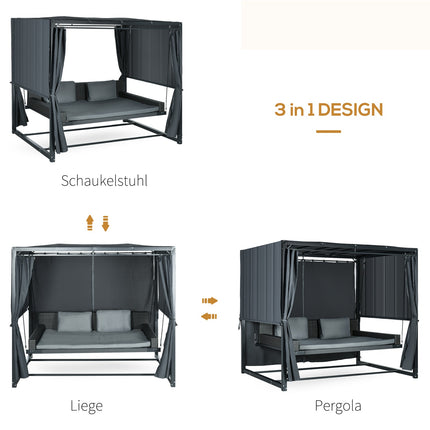 Weatherproof garden bed with pergola and cushion