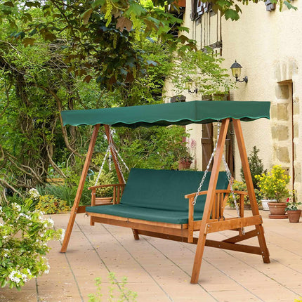 Garden swing for 3 people in real wood with canopy and lounge chair