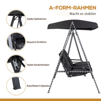 2-seat garden swing with cushion and adjustable roof, black