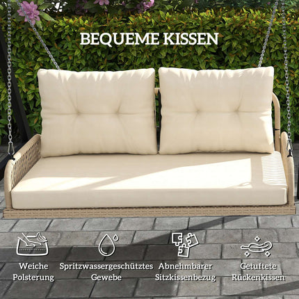 Rattan 2-seat garden swing with cushions, beige