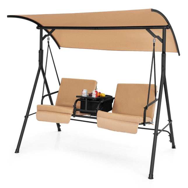 Hollywood swing with cooler bag 2-seater garden swing with adjustable roof brown 180 x 124 x 161.5 cm
