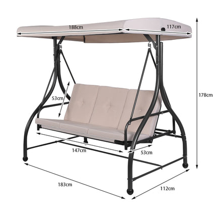 Hollywood swing with reclining function, 3-seater garden swing 183 x 112 x 178 cm beige