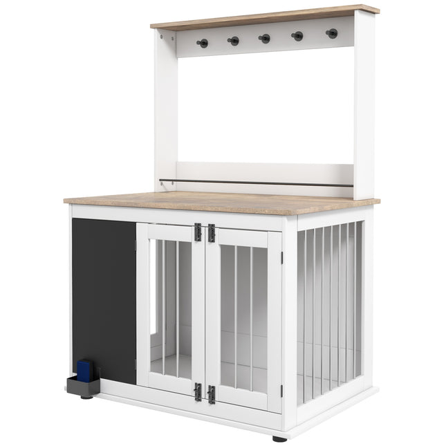 Large white dog box with toy storage and hooks