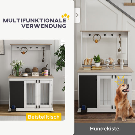 Large white dog box with toy storage and hooks
