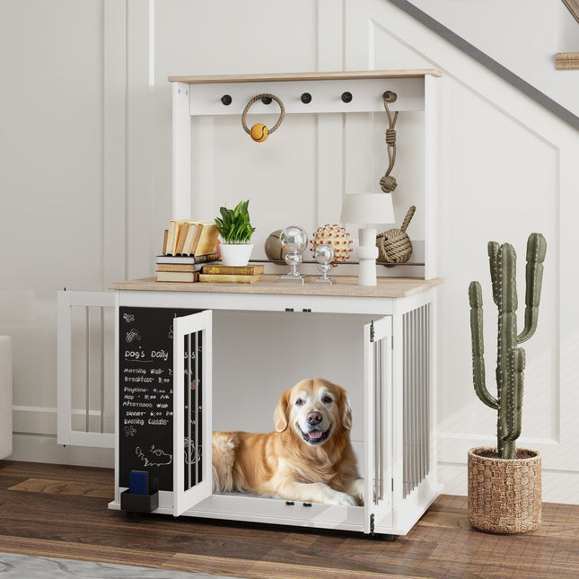 Large white dog box with toy storage and hooks