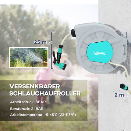 Water hose reel with 25 m hose, rotatable bracket and 7-position shower