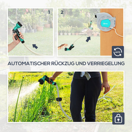 Wall-mounted hose reel with 30 m automatic reel and 7-function spray