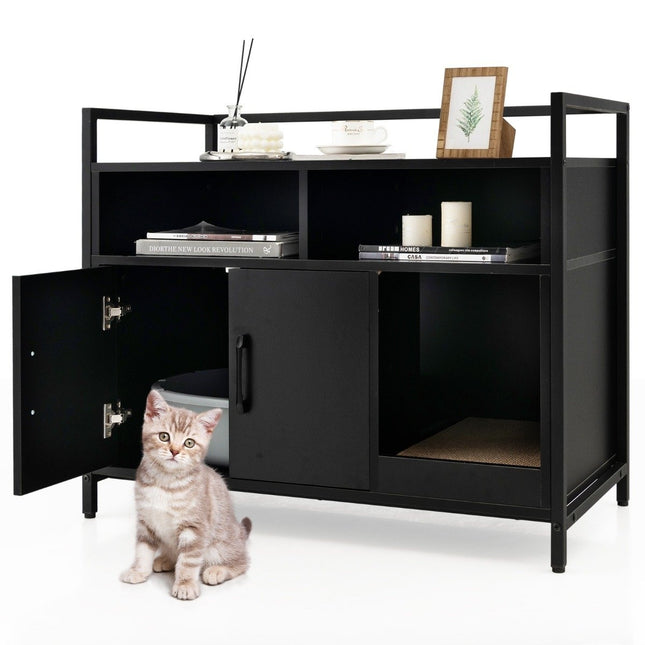 Housing for cat toilet cat cabinet with double doors & scratching pad 89 x 45 x 74.5 cm black