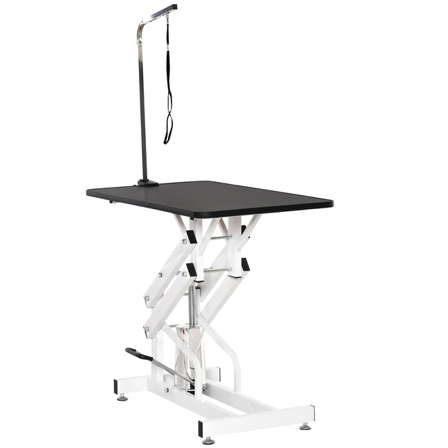 Hydraulic dog grooming table with cutting arm