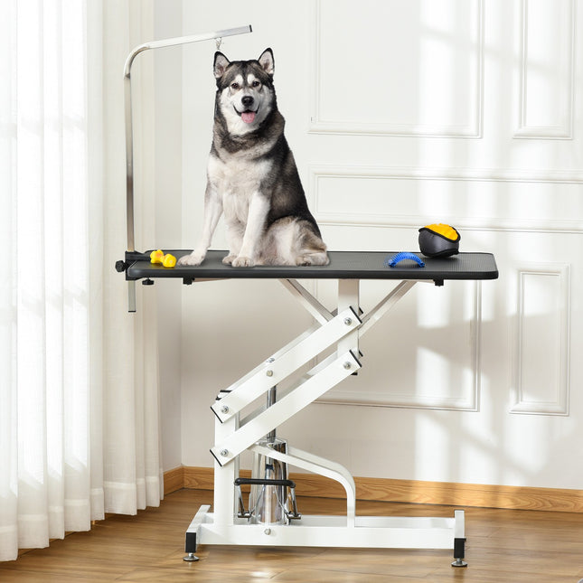 Hydraulic dog grooming table with cutting arm