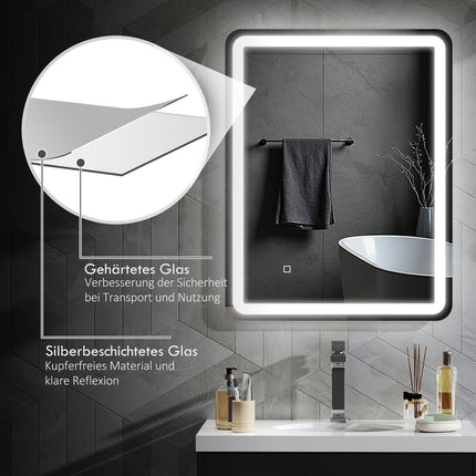Illuminated Bathroom Mirror, Touch Control, Anti-Fog, 70x90 cm