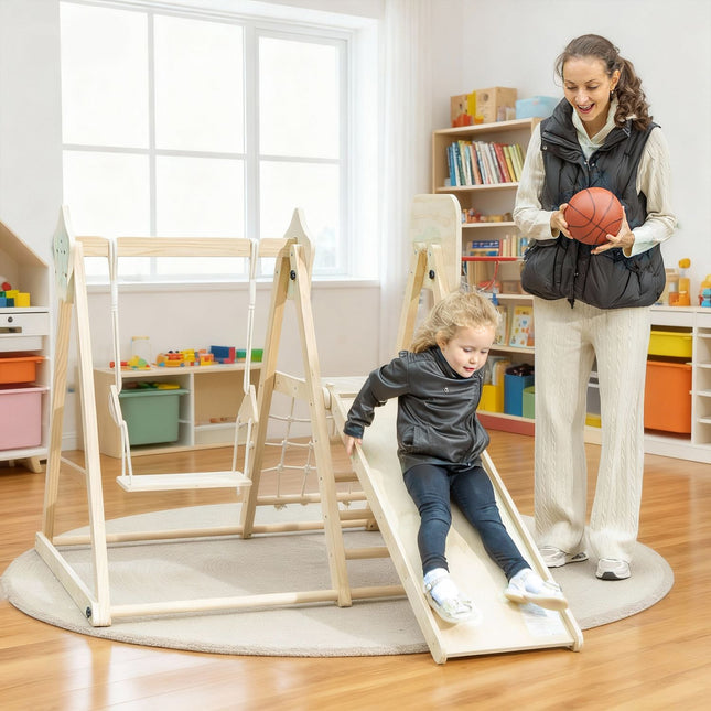 Indoor klimhal met glijbaan, schommel, basketbalring, opvouwbaar