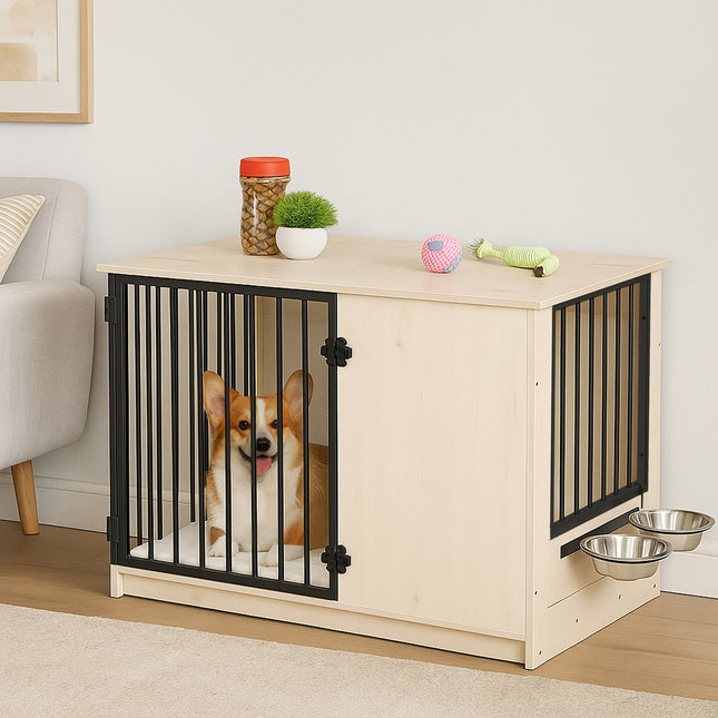 Indoor Dog Crate, Wood Effect, 2 Bowls, Medium Size