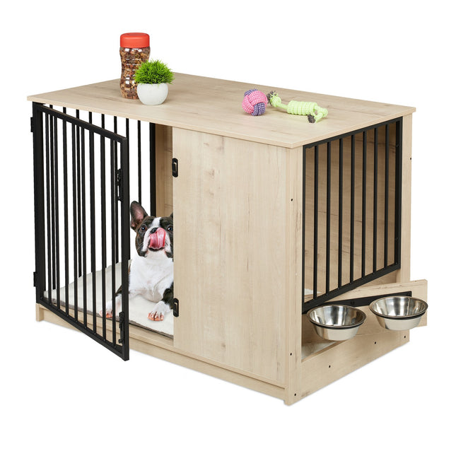 Indoor Dog Crate, Wood Effect, 2 Bowls, Medium Size