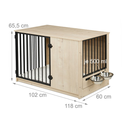 Indoor Dog Crate, Wood Effect, 2 Bowls, Medium Size