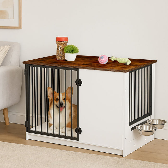 Indoor Dog Crate with Bowls, Wood Effect, Medium