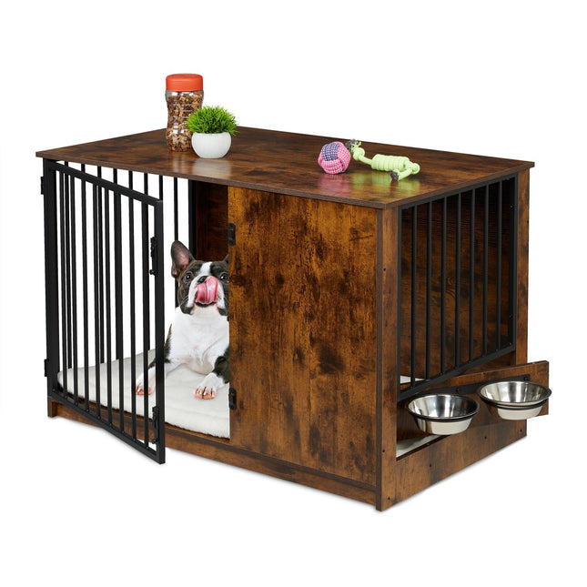 Indoor Dog Crate with Bowls – Wood Effect, Medium