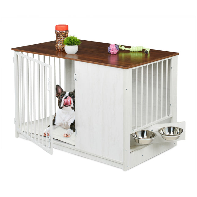 Indoor Dog Crate with Bowls, Wood Effect, Medium
