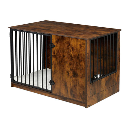 Indoor Dog Crate with Bowls – Wood Effect, Medium