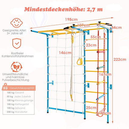 Indoor Kids Climbing Wall Gym Set, 7-in-1, 197.5 x 83.5 x 223 cm