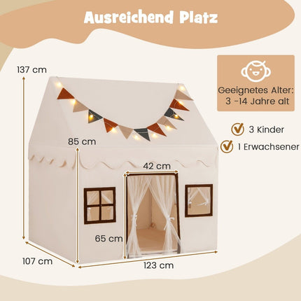 Indoor Kids Play Tent with Mat and Lights, Beige, 123x107x137 cm