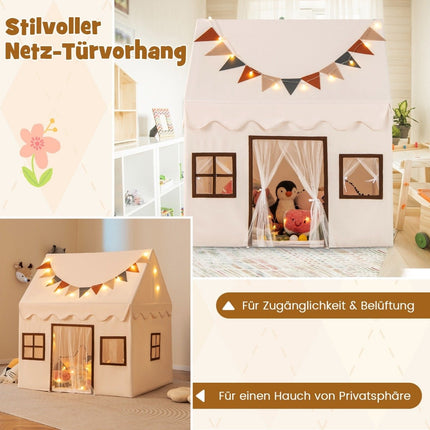 Indoor Kids Play Tent with Mat and Lights, Beige, 123x107x137 cm