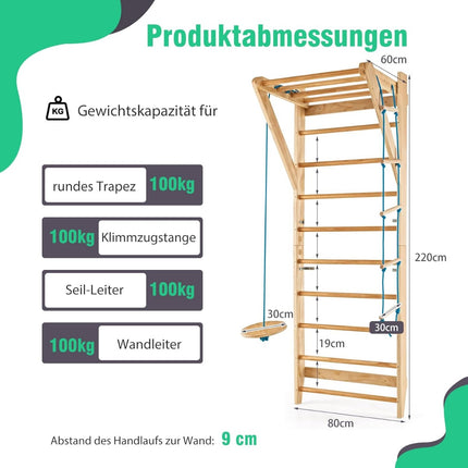 Indoor Wooden Climbing Wall – 4-in-1, 100 kg Capacity