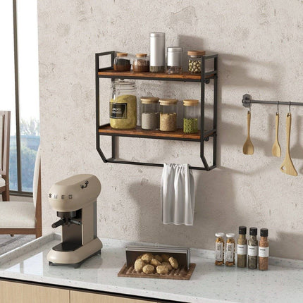 Industrial 2 Tier Wall Shelf with Bar & Metal Frame Rustic Brown