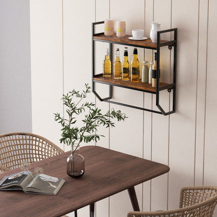 Industrial 2 Tier Wall Shelf with Bar & Metal Frame Rustic Brown