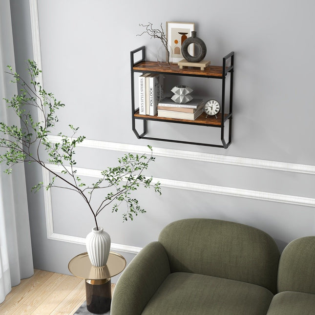 Industrial 2 Tier Wall Shelf with Bar & Metal Frame Rustic Brown
