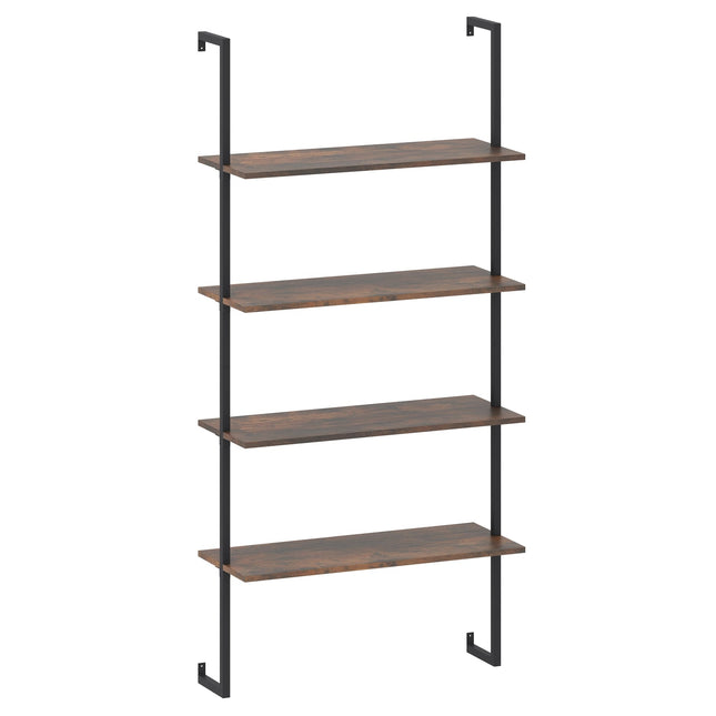 Industrial 4-Tier Wall Shelf with Metal Frame, Brown