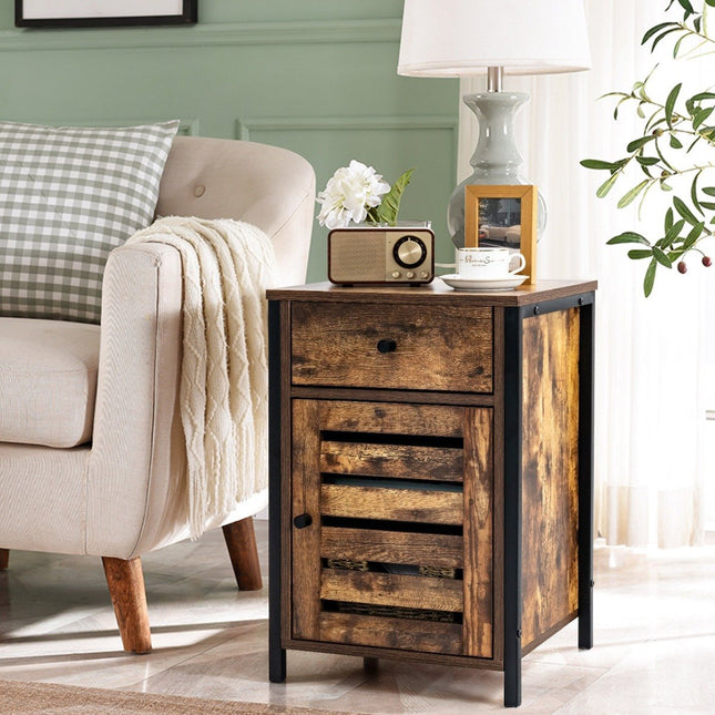 Industrial Adjustable Shelf Nightstand with Drawer