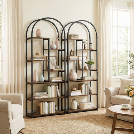 Industrial Arched Bookcase, 7 Open Shelves, Rustic Brown
