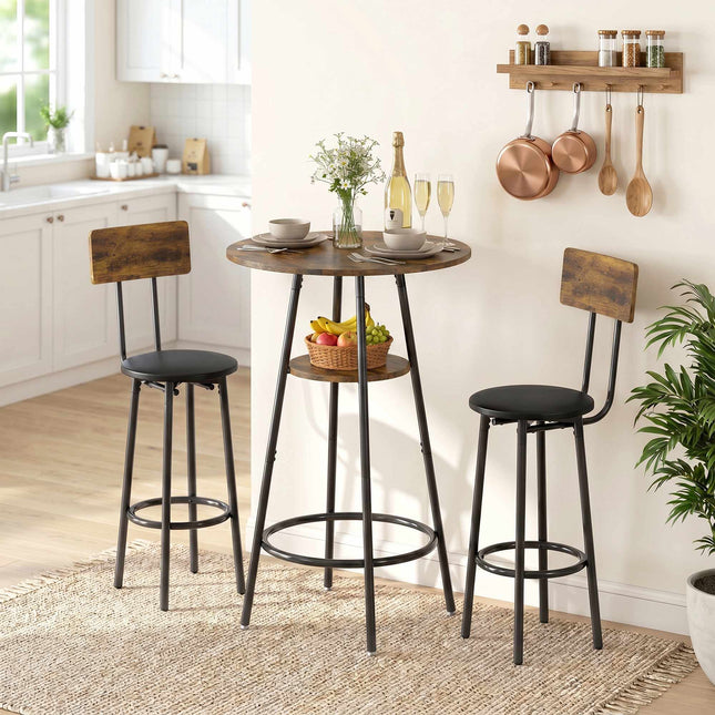 Industrial Bar Table Set, 2 Padded Stools, Shelf, Rustic Brown
